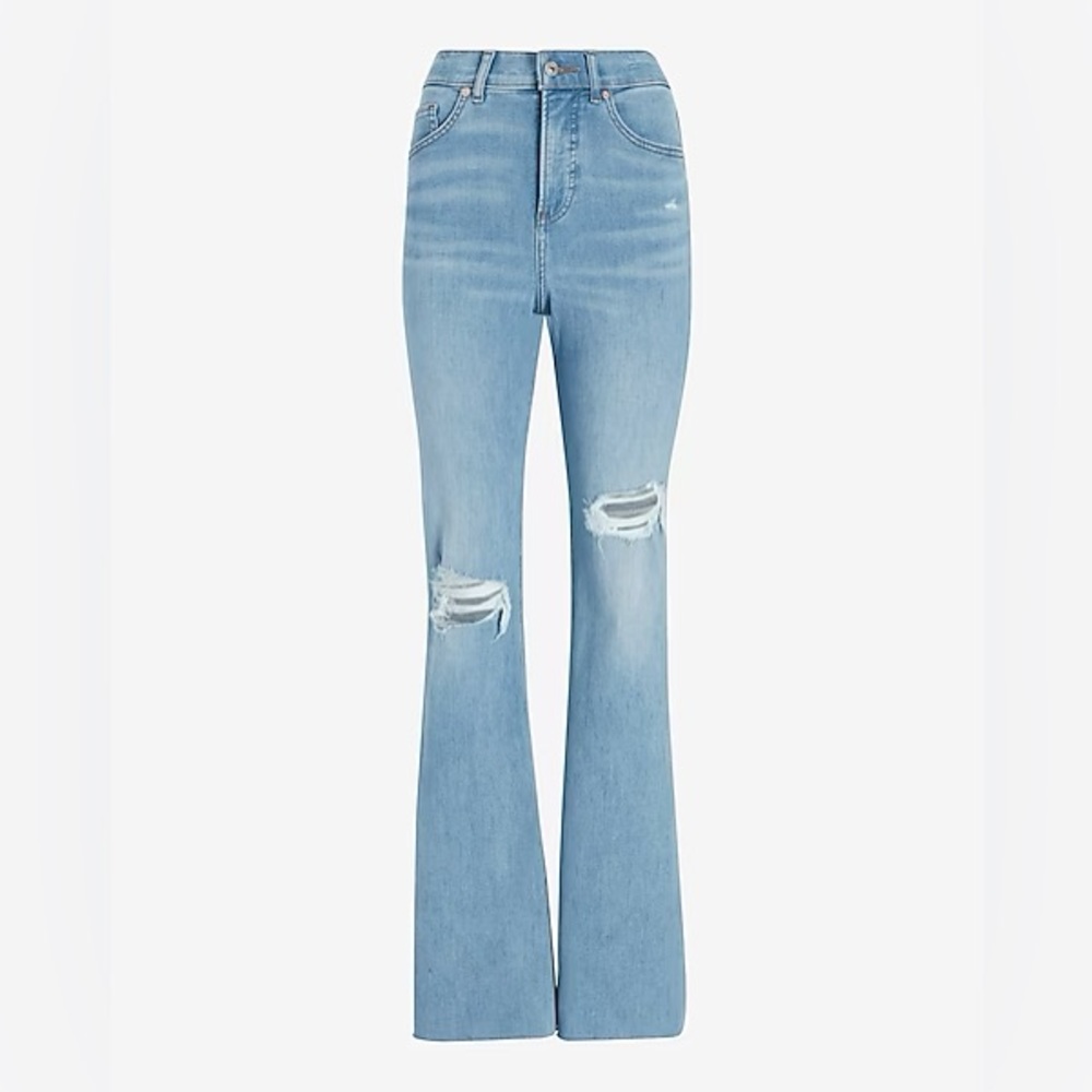 Express High Waisted Light Wash Ripped Flare Jeans 00R - Picture 4 of 10